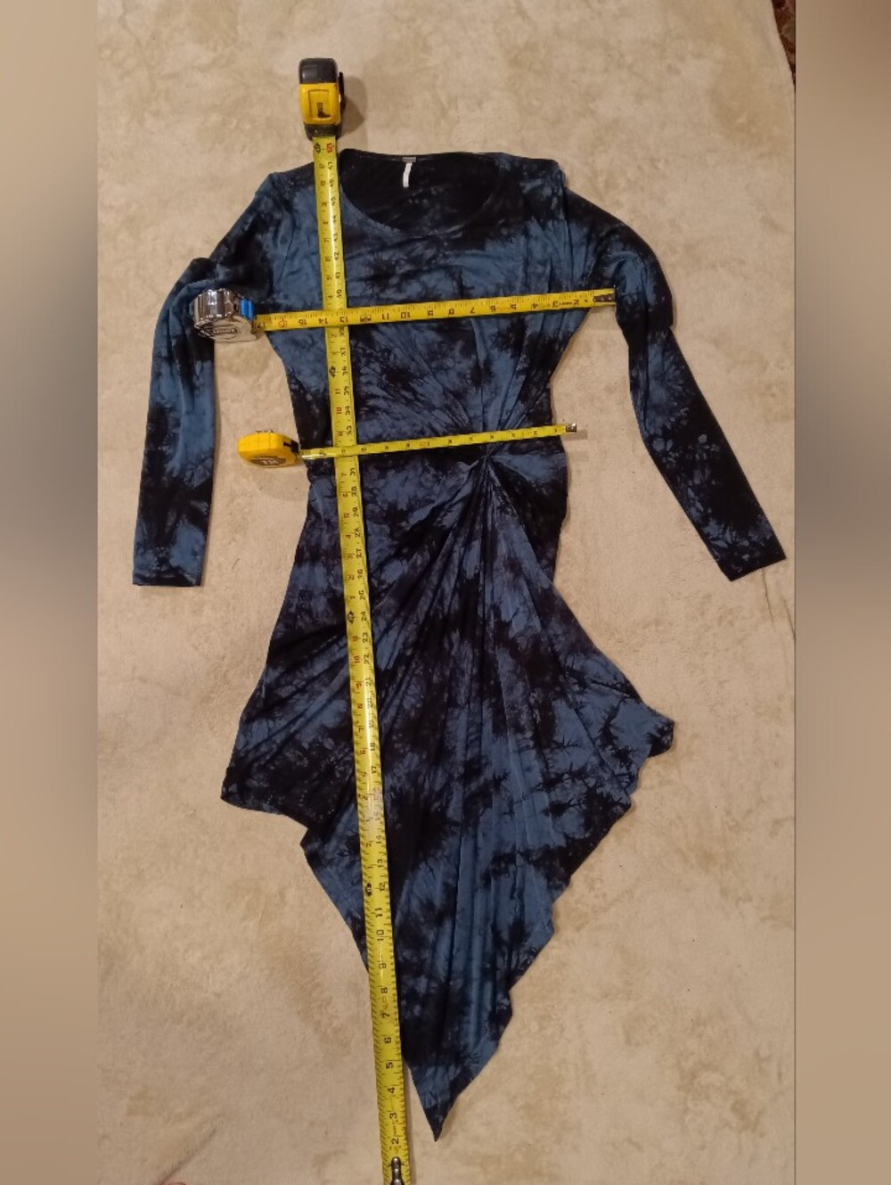 YFB XS Tie-Dye Stretch Navy Blue Long-Sleeve Knot Front Dress - Picture 4 of 5